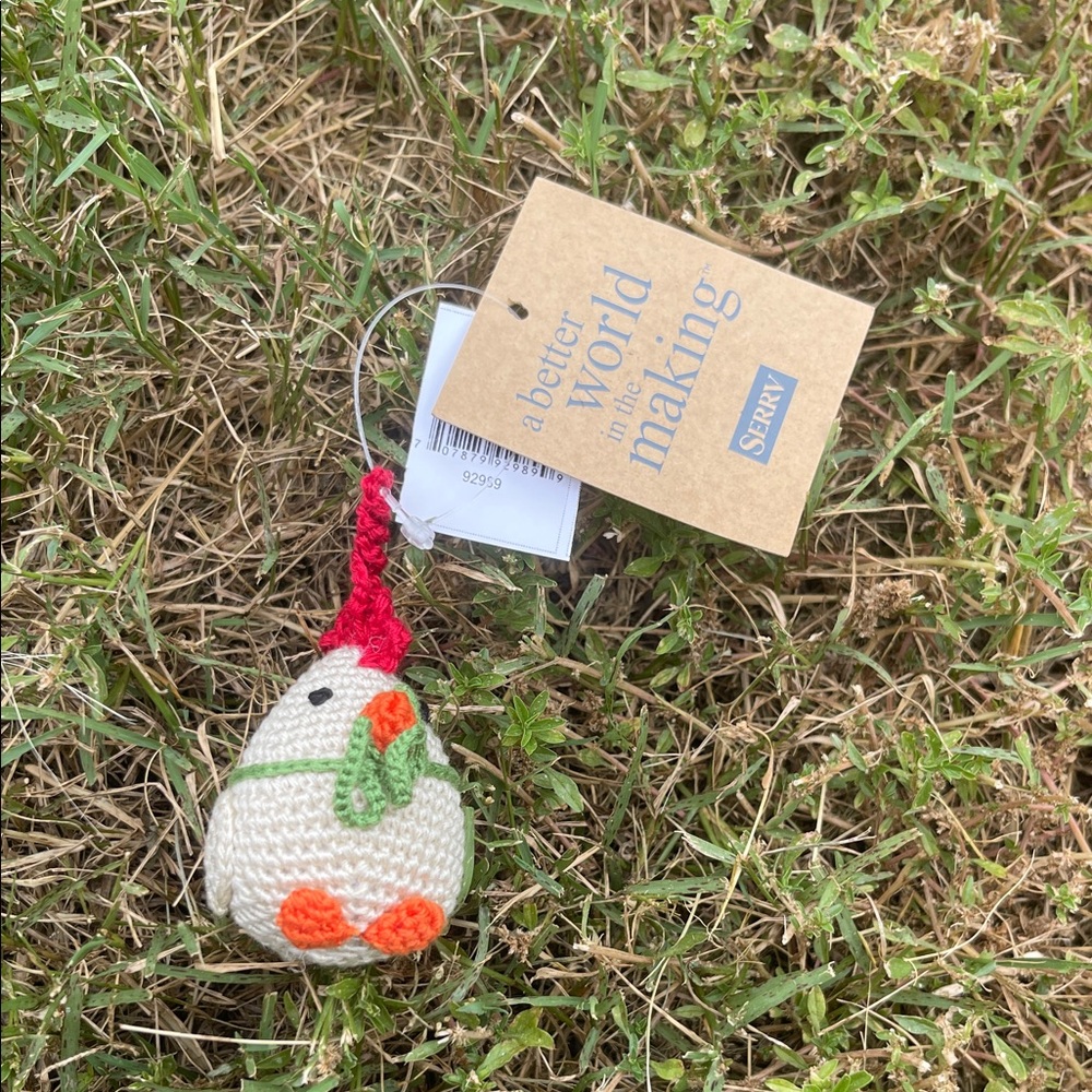 White and Red Crochet Chicken Ornament